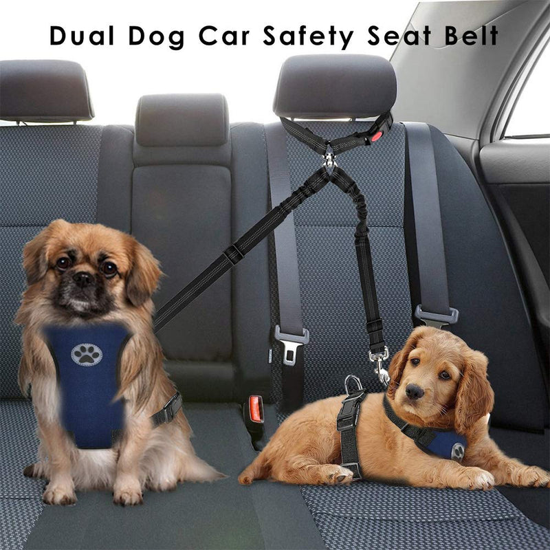[Australia] - Lukovee Double Dog Seat Belt, New Dual Pet Car Headrest Restraint Safety Seatbelt No Tangle Dog Leash Duty Adjust Elastic Bungee Puppy Lead Splitter Connect Harness in Vehicle Travel for 2 Dogs 