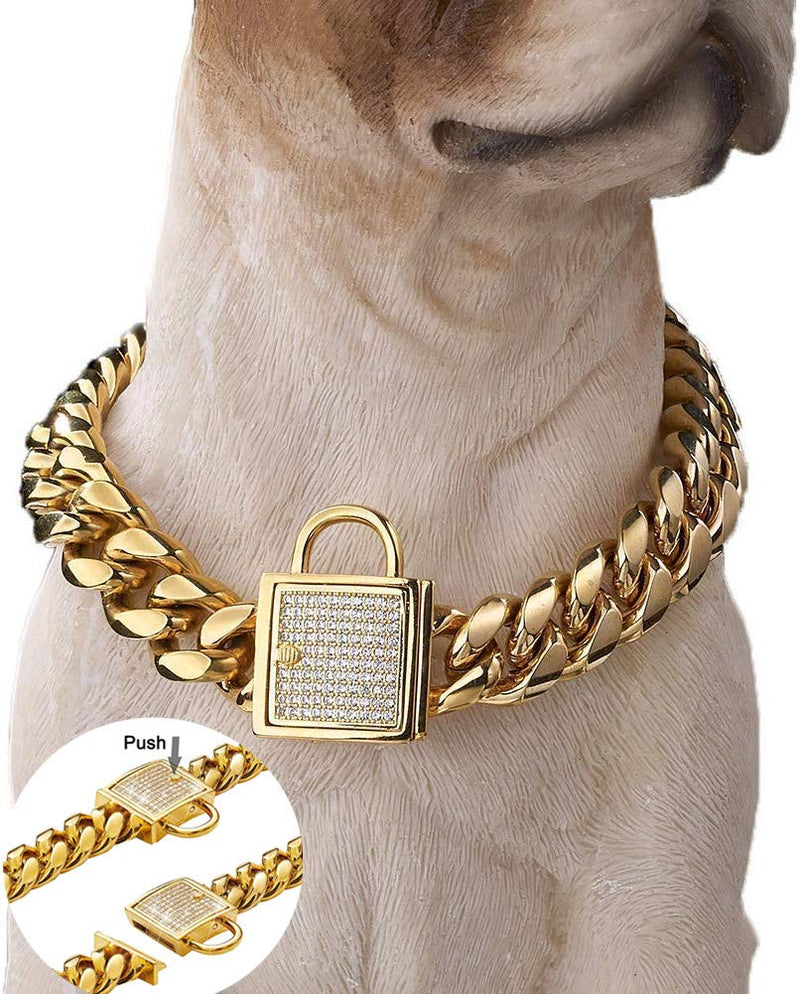 [Australia] - Aiyidi Dog Chain Collar Stainless Steel 18K Gold Dog Chain Collar with Zirconia Lock Luxury Dog Necklace 14MM Heavy Duty Choke Collar Cuban Chain Chew Proof Collar for Small Medium Large Dogs 12 inches (for 9.1~11'' dog's neck) 