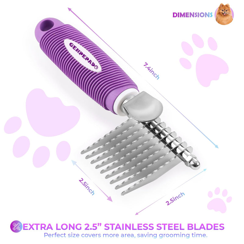GENPEPADO Dematting Undercoat Rake Comb for Dogs & Cats with Long 2.5-In Stainless Steel Safety Blades for Removing Knots, Mats & Tangles - Pet Grooming Deshedding Brush Tool with Anti-Slip Grip purple rake - PawsPlanet Australia