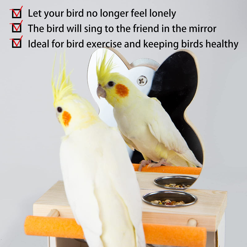 PANQIAGU Parrot Mirror Toy with Stainless Steel Feeding Cups Bird Wooden Frames with Cage Perch for Small Parakeets, Cockatiels, Conures, Finches,Budgie,Macaws, Parrots, Love Birds - PawsPlanet Australia