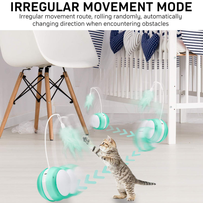 [Australia] - HeiYi Interactive Cat Toys Ball, Automatic Irregular Control USB Charging Cat Toys for Indoor Cats, Smart Robotic Random Rolling 2 Play Modes Cat Toy with 2 Replaced Feather/Led Light/Bird Sounds 