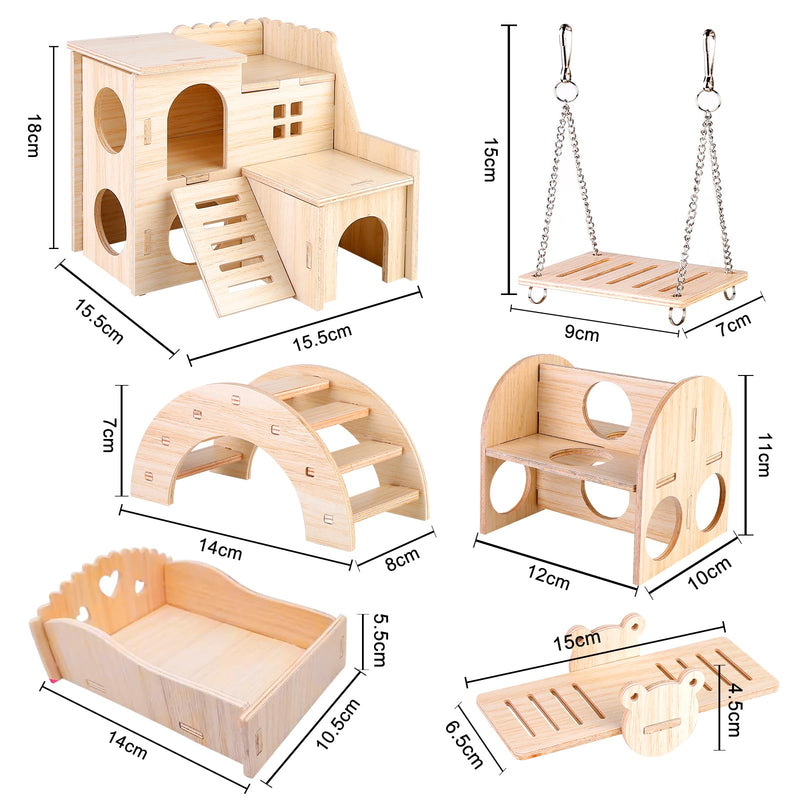 Toys for Hamsters Made of Wood, Pack of 6 Hamster Chew Toys, DIY Hamster Toys, Hamster House Bridge Seesaw Swing Cage Decor Accessories for Gerbils, Guinea Pigs, Chinchilla, Rabbits, Birds - PawsPlanet Australia