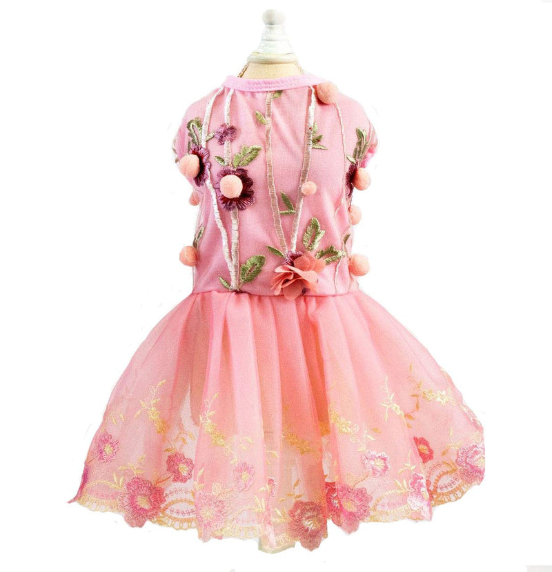 QingLuo Pet Dog Mesh Harness Dress Embroidery Plum Blossom Puppy Princess Tutu Skirt (Small, Hairball Pink) Small - PawsPlanet Australia