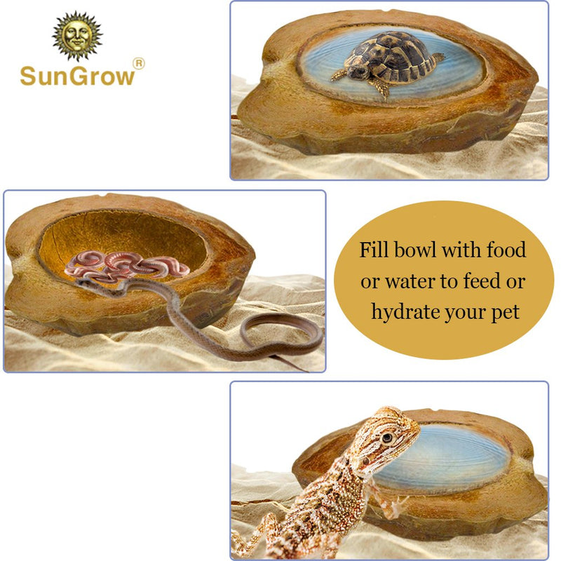 [Australia] - SunGrow Reptile Food Bowl, 4.5x5.5 Inches, Unbreakable Half Coconut Shell with Husk, Tank Décor and Humidifier for Bearded Dragons, Tortoise, Snakes, Bullfrogs 