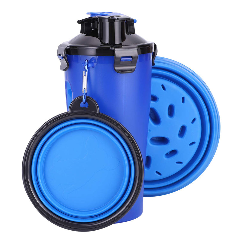 Pet 2 in 1 Dual Chamber Bottle Portable Pet Travel Water Bottle with 2 Foldable Bowls Dogs Outdoor Bowls Water Bottle and Food Container Feeder Bowl for Dog Cat Blue - PawsPlanet Australia