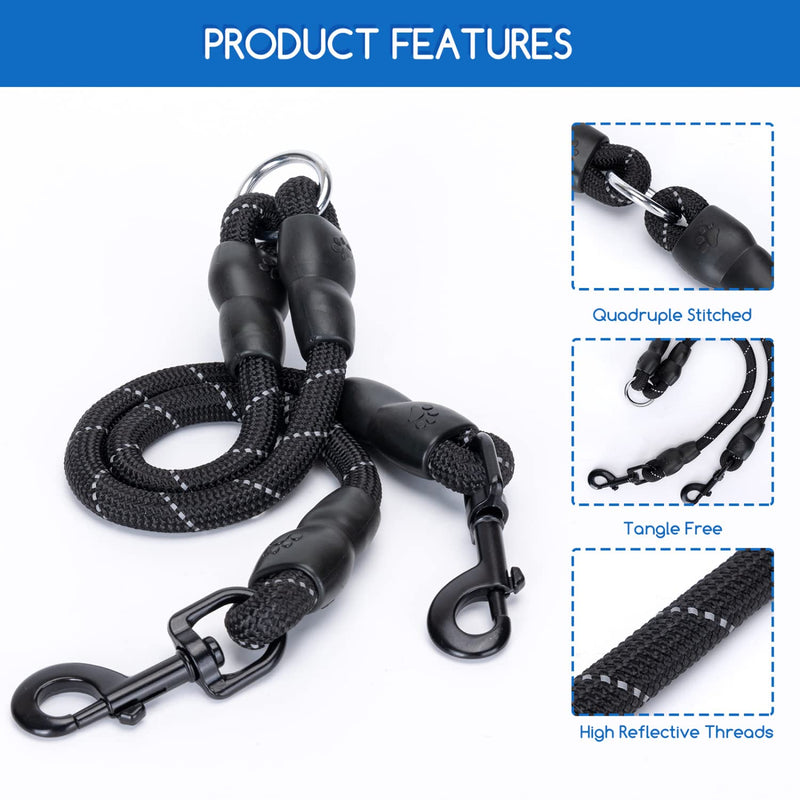 Nobleza double leash dog leash for 2 dogs, adjustable dog leash with reflective flexible double leashes for two dogs (black) 40cm - PawsPlanet Australia