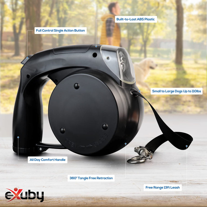 eXuby 5-in-1 Retractable Dog Leash with Built-in Collapsible Water Bowl, Flashlight, Dog Poop Bag Holder Dispenser, Dog Treat Holder for Small to Large Dogs, 13 Ft Long w/ Strong Tangle Free Leash Black - PawsPlanet Australia
