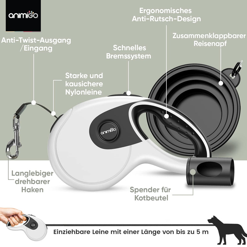 Animigo nylon retractable leash for large and small dogs up to 40 kg - Extendable dog leash with carabiner for collar - 5m cross-country leash for walking and running - With poop bag dispenser and drinking bowl - PawsPlanet Australia