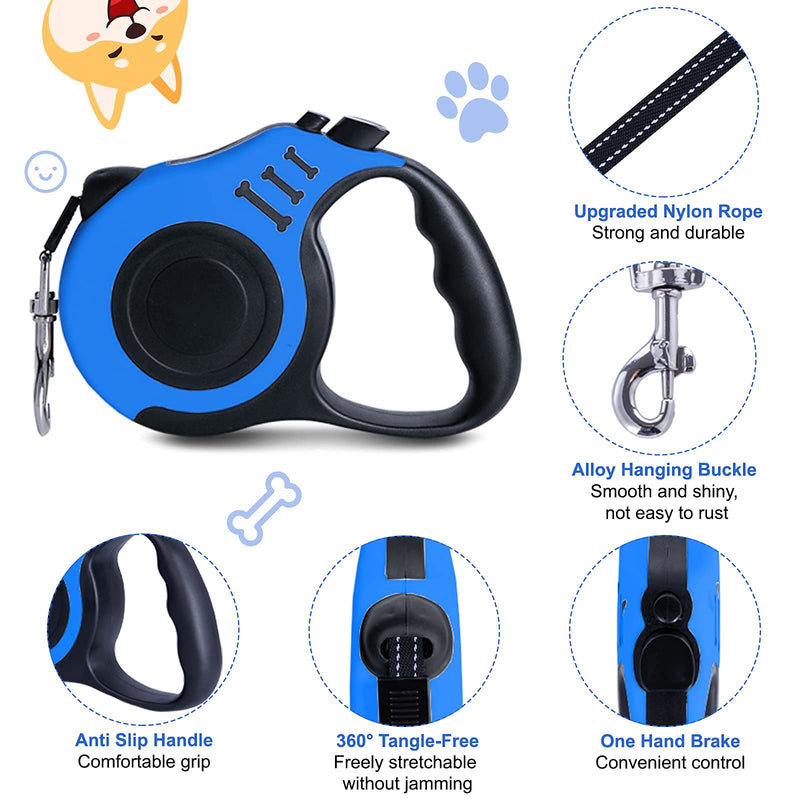 Dunhuang Retractable Dog Leash for X-Small/Small/Medium Dogs up to 22 lbs, 10 FT 360° Tangle Free Pet Walking Leash with 1 Collapsible Silicone Dog Bowl + 1 Waste Bag Dispenser + 3 Waste Bag Blue 10ft (for Dogs Up to 22lbs) - PawsPlanet Australia