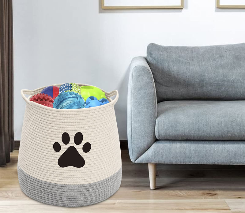 Brabtod Cotton rope round dog cat basket with handle, large pet toy storage basket - Perfect for organizing pet toys, blankets, diaper, pee mats and coats-BeigeGray BeigeGray - PawsPlanet Australia