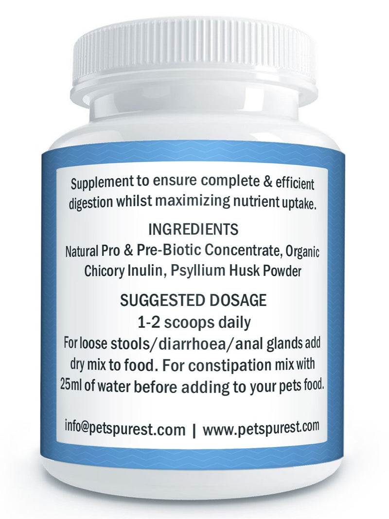 Pets Purest Digestive Prebiotic Probiotic for Dogs, Cats & Pet - 100% Natural Fibre Digestion Enzymes Immune Treatment Supplement for Diarrhoea Constipation Relief, Loose Gland & Firm Stool - PawsPlanet Australia