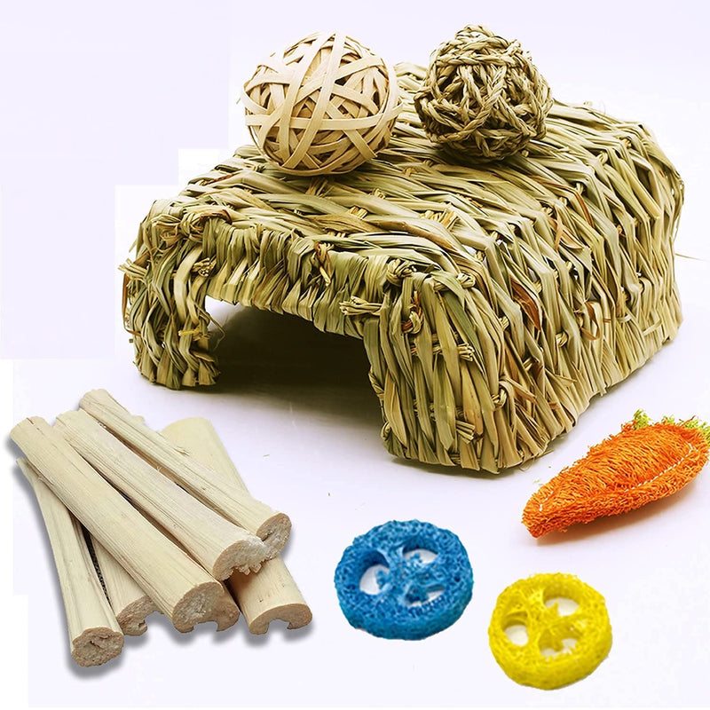 HERCOCCI Rabbit Grass Bed, 15 PCS Bunny Chew Toys with Handmade Natural Edible Hay Bed and Straw Grass Mat for Rabbit Bunny Guinea Pig Chinchilla Syrian Hamster Hedgehog to Play Sleep Eat - PawsPlanet Australia