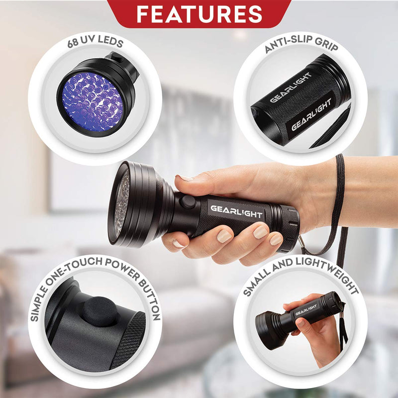 [Australia] - GearLight UV Black Light Flashlight XR68 - Powerful 68 LED Blacklight Flashlights for Pet Urine Detection, Scorpion, Bed Bug, Resin Curing, Dog Stain, and Carpet Odor Eliminator Remover 