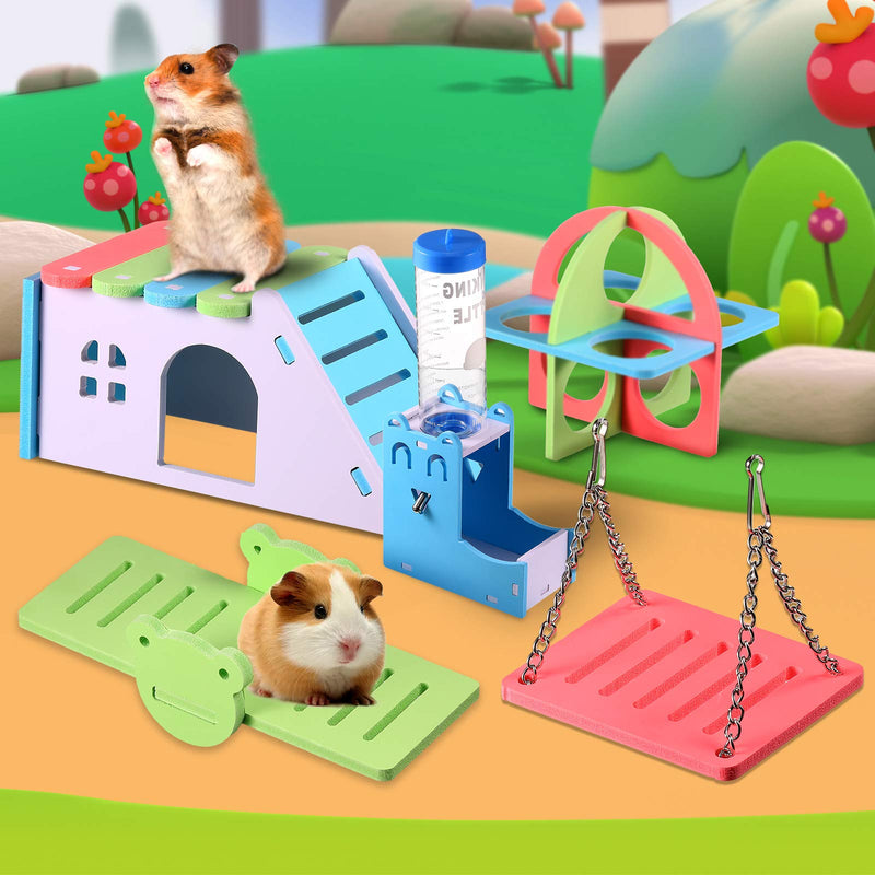 Hamster House DIY Wooden Gerbil Hideout, Rainbow Hamster Toys, Hamster Ladder Exercise Toys, Swing, Plastic Seesaw, Fitness Circle and Wooden Drinking Rack for Small Animals Habitat, 5 Pieces in Total - PawsPlanet Australia