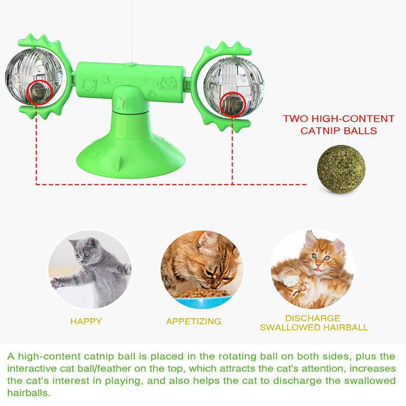 [Australia] - 3 in 1 Windmill Cat Toy Turntable Teasing Interactive Cat Toys for Indoor Cats With Feather Funny Cat Self Play Toys With Suction Cup, Quiet Rotatable Catnip Toys Cat Teasing Ball Toy For Kittens Green 