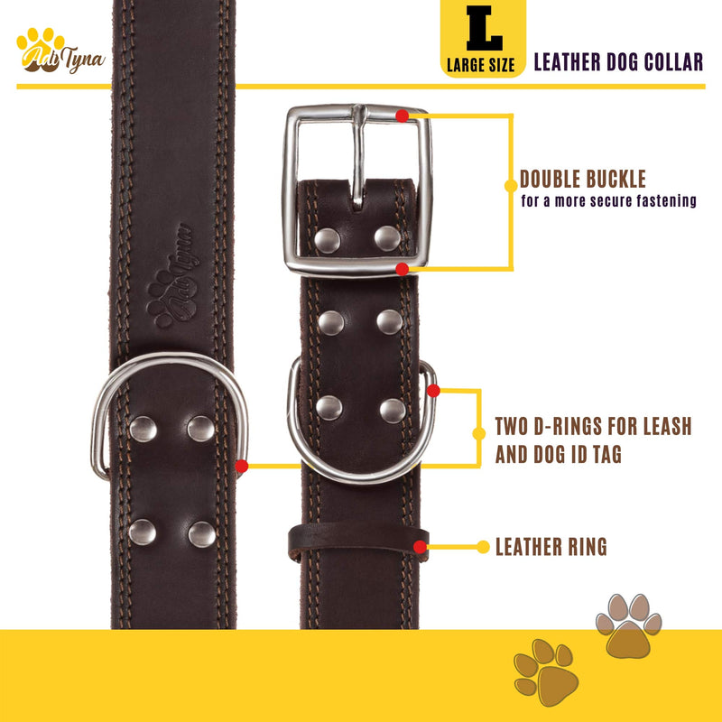 [Australia] - ADITYNA Leather Dog Collar for Small, Medium and Large Dogs - Heavy Duty Wide Dog Collars with Durable Metal Hardware & Double D-Ring - Unique Name Tag Included L: 1,5" width / 17"- 23" length Brown 
