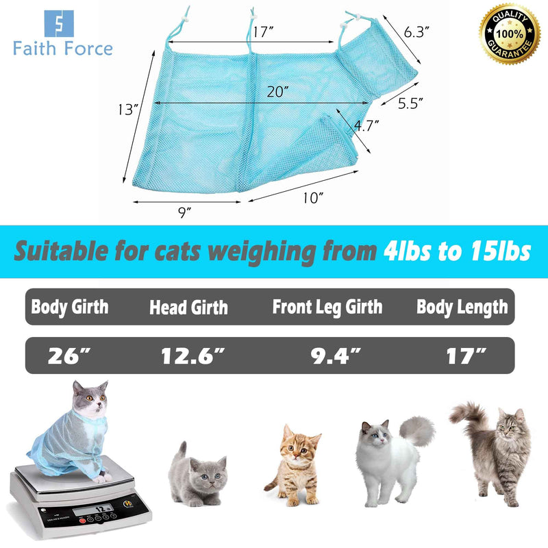 Faith Force Cat Grooming Bag Bathing Shower Mesh Bag Adjustable Multifunctional Breathable Polyester Anti-Bite Anti-Scratch Cat Restraint Bag for Nail Trim/Examining/Ear Clean Blue - PawsPlanet Australia