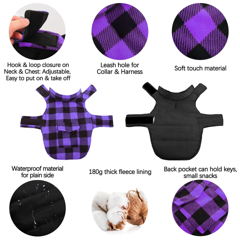 Kuoser British Style Plaid Dog Winter Coat, Windproof Cozy Cold Weather Dog Coat Dog Apparel Dog Jacket Dog Vest for Small Medium and Large Dogs with Pocket & Leash Hook XS-3XL X-Small (Pack of 1) Purple - PawsPlanet Australia