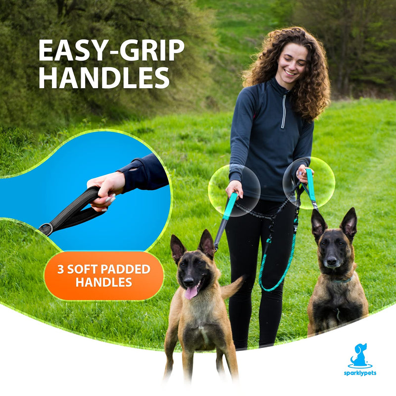 Dog leash for 2 dogs with bungee extension for large and medium-sized dogs with shock absorber | Reflective Elastic Dog Leash for Walking Teal For Two Dogs - PawsPlanet Australia