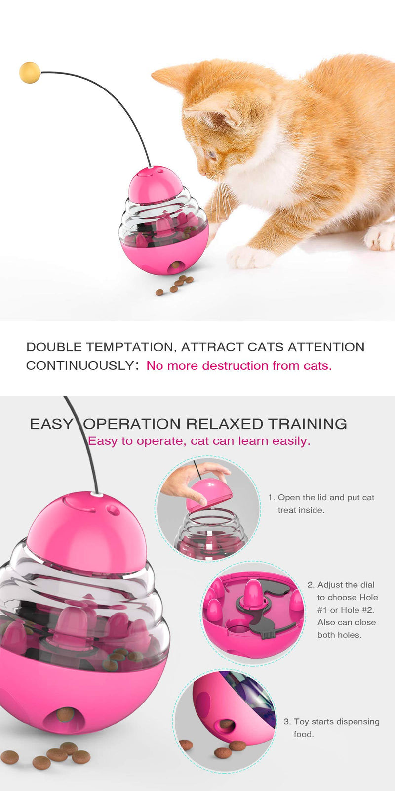 [Australia] - Interactive Treat Dispensing Cat Toy – Tumbler – Teasing Stick with Ball – Kitten Toy Pink 