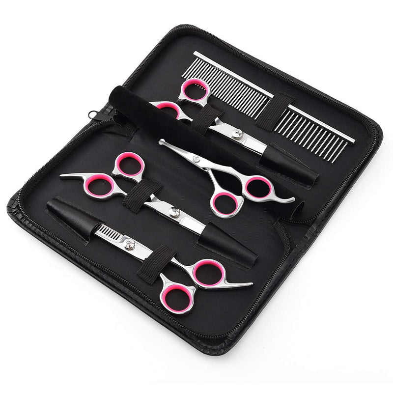 Pawaboo Dog Grooming Scissors Set, 5 Pieces Professional Dog Grooming Scissors Combing Grooming Scissors with Round Safety Tip for Pets Dogs Cat Thinning Scissors Hair Care Grooming Cutting - Pink - PawsPlanet Australia