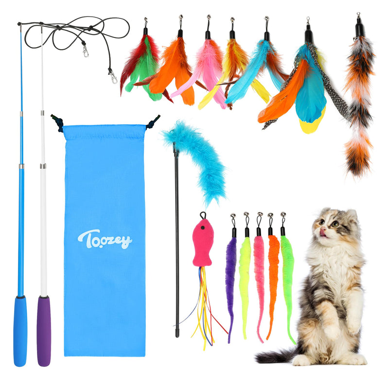 Toozey Cat Toys Pack of 16, Cat Toys with 2 Retractable Interactive Cat Fishing Rods and 14 Pieces Feather/Bug/Fish Replacement with Bells, Bonus Storage Bag Blue Storage Bag Set - PawsPlanet Australia