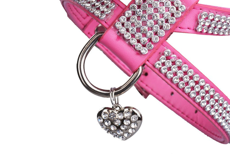 EXPAWLORER Dog Harness Genuine Leather Soft Padded Pet Sparkly Rhinestone Vest with Heart Pendant for Puppy Cat , Pink (S, Pink) S - PawsPlanet Australia