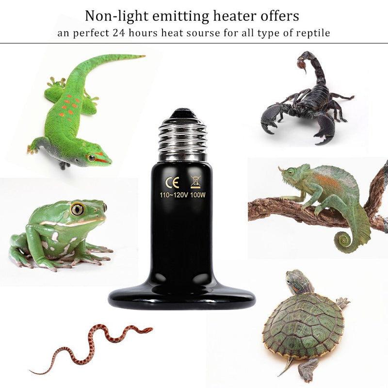 [Australia] - Zacro Reptile Heat Lamp 100W with One Digital Thermometer, Infrared Ceramic Heating Non-light Lamps Emitter 110V (Black) 