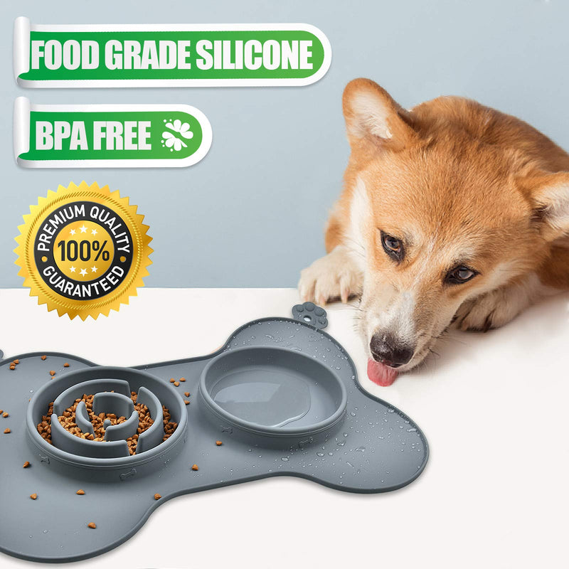 Dog Bowl Slow Feeder Fun Interactive Food Feeder with BPA Free Food Water Bowl Non-Spill Non-Skid Silicone Mat for Small Medium Dogs Cats and Pets (M, Grey) M - PawsPlanet Australia