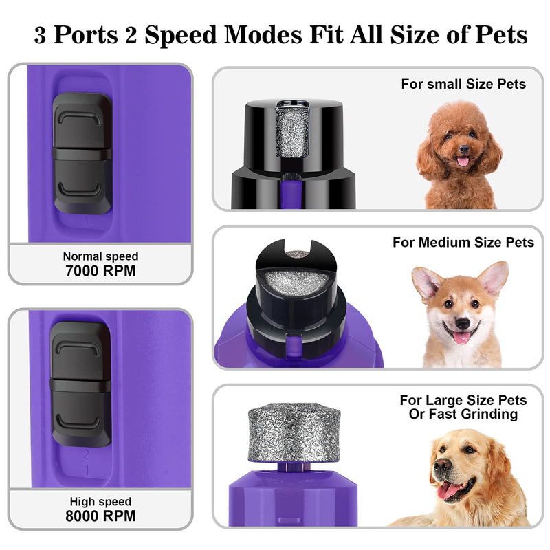 Bousnic Dog Claw Grinder with 2 LED Lights - Quiet, Powerful Electric Toenail Trimmer File with 2 Speeds for Small Medium Dogs and Cats Purple - PawsPlanet Australia