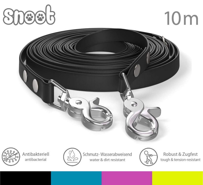 SNOOT 10m towing leash, dog leash, 2 carabiners & D-ring, black, very stable, dirt and water repellent - PawsPlanet Australia