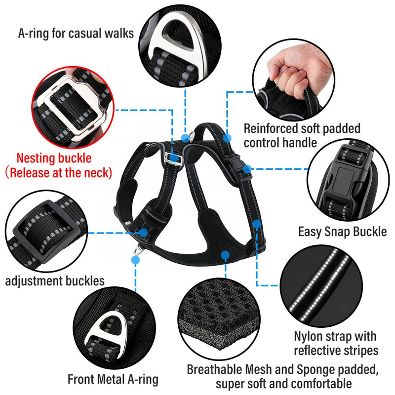 Plutus Pet No Pull Dog Harness, Release at Neck, Adjustable Reflective No-Choke Dog Vest Harness, Soft Padded with Easy Control Handle, for Small Medium Large Dogs (S, Black) - PawsPlanet Australia