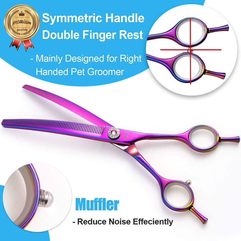 7 Inch Downward Curved Dog Grooming Scissors Thinning Texturizing Shears Professional Safety Blunt Tip Trimming Shearing for Dogs Cats Face Paws Limbs Japanese Stainless Steel Purple, Yellow - PawsPlanet Australia