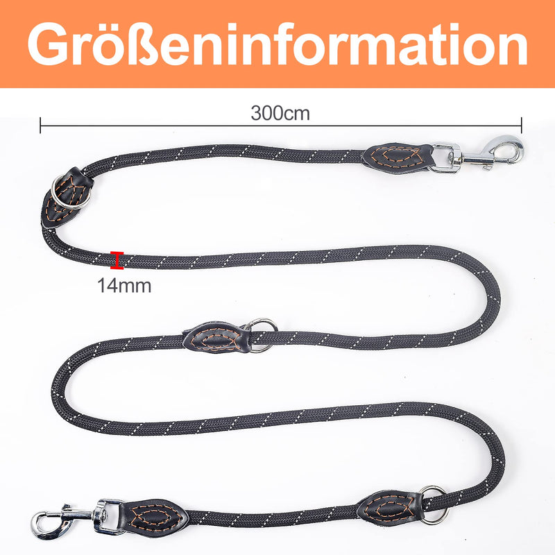Trhillsbrad Dog Lead 3 m x 14 mm, Adjustable Dog Lead Large Medium Dog, Multifunctional Lead Double Lead Shoulder Lead Robust Black 1.4 cm - PawsPlanet Australia