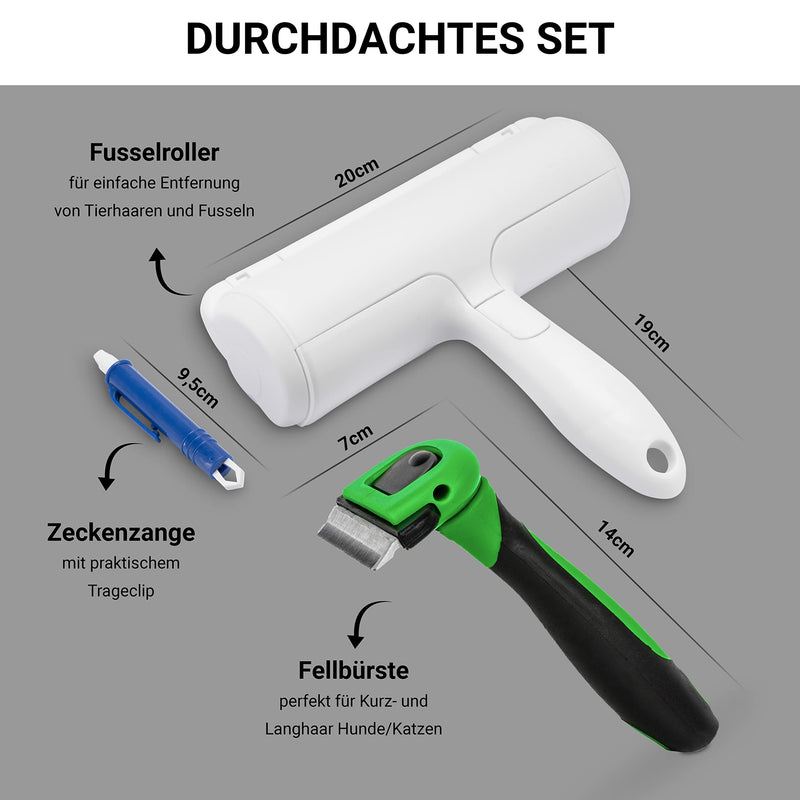 FinoPet set of 3 dog brushes, cat brushes, XL lint roller and tick tweezers in a promotional set, short and long hair brushes for all animal sizes, animal hair remover, automatic tick removal - PawsPlanet Australia