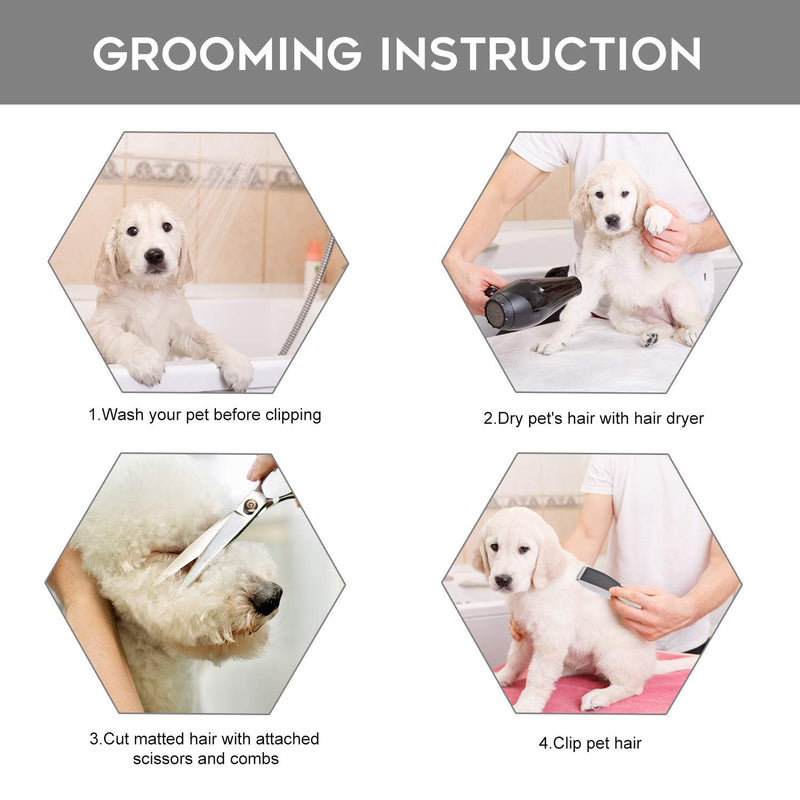 Cordless Dog Clippers, Low Noise Electric Dog Shaver Pet Clippers USB Rechargeable Sharp Grooming Trimmer for Dogs Cats, 2 Guide Combs 3/6mm 9/12mm Included (white1)) Silver - PawsPlanet Australia