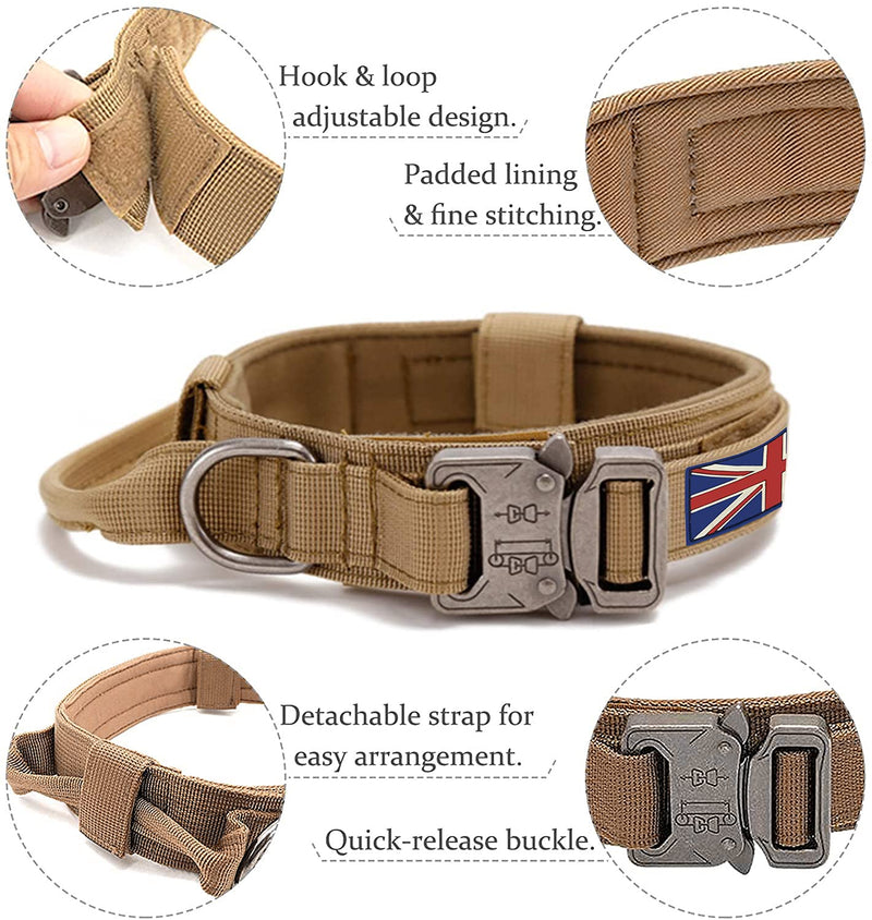 Tactical Dog Collar with UK United Kingdom Flag - YouthBro K9 Military Dog Collar with 2 Patches, Adjustable Nylon Dog Collar with Heavy Duty Metal Buckle for Medium Large Dogs M Brown - PawsPlanet Australia