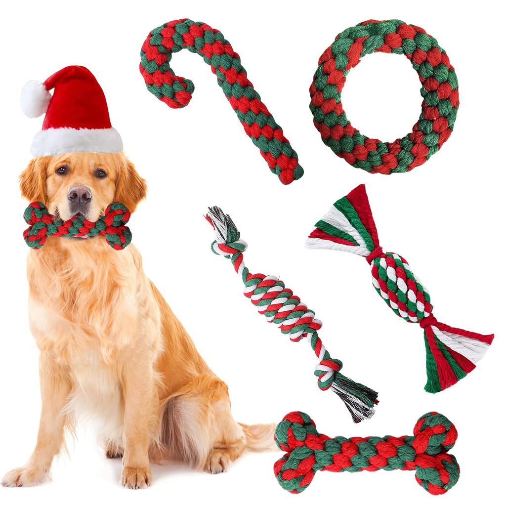 BINXWA Pack of 5 Dog Toys Christmas, Dog Toys Chew Natural Cotton Dog Toys Rope Dog Toys Candy Cane for Small and Medium Dogs Gift Christmas - PawsPlanet Australia