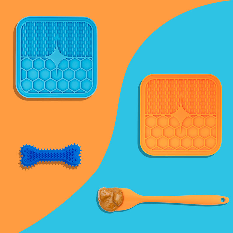 Lick Mats for Dogs & Cats (Easy Clean) - 2 Lick Mats, 1 Spatula, 1 Chew Toy. Slow Feed Mat for Pets, Orange, Blue - PawsPlanet Australia