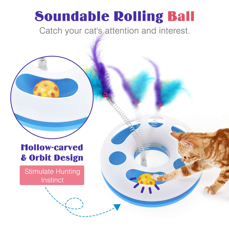 Lewondr Cat Toy Roller, Interactive Funny Toys for Cat Exercise Chaser Training Kitten Toy Cat Scratcher Play Set with a Mouse, Feather and Moving Ball Amusement Turntable Teaser Toy - Blue - PawsPlanet Australia