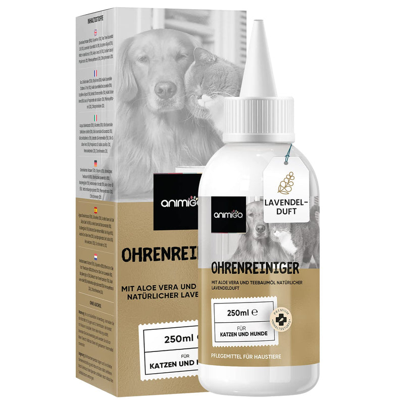 Animigo Ear Cleaner for Cats & Dogs - 250ml Ear Drops - Earwax Remover with Tea Tree Oil, Lavender Oil, Salicylic Acid and Aloe Vera - Dog Ear Rinse for Itching, Allergies & Mites - PawsPlanet Australia