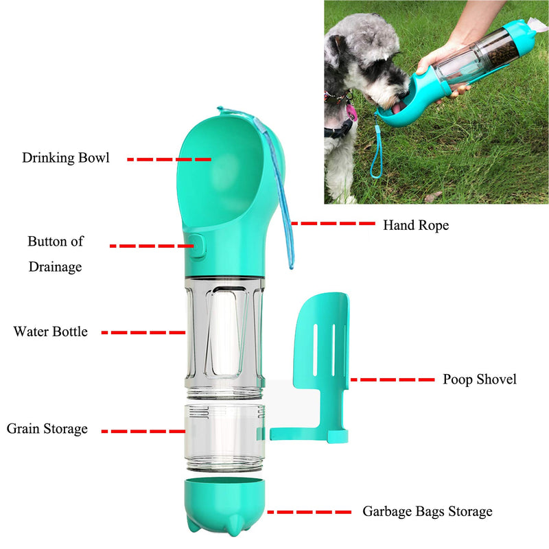 KAYUSITER Dog Water Bottle,4 IN1 Portable Pet Water Dispenser with Food Container Poop Shovel Garbage Bag for Travel Collapsible Dog Bowl and Dog Whistle S-300ML BLUE - PawsPlanet Australia