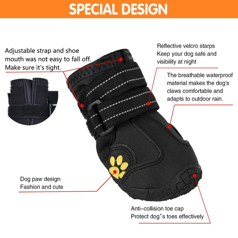 PG.KINWANG Dog Boots Waterproof Shoes for Medium to Large Dogs with Reflective Velcro Rugged Anti-Slip Sole Pet Paw Protectors Labrador Husky Black 4 Pcs Size 6: 2.9''x2.5'' - PawsPlanet Australia