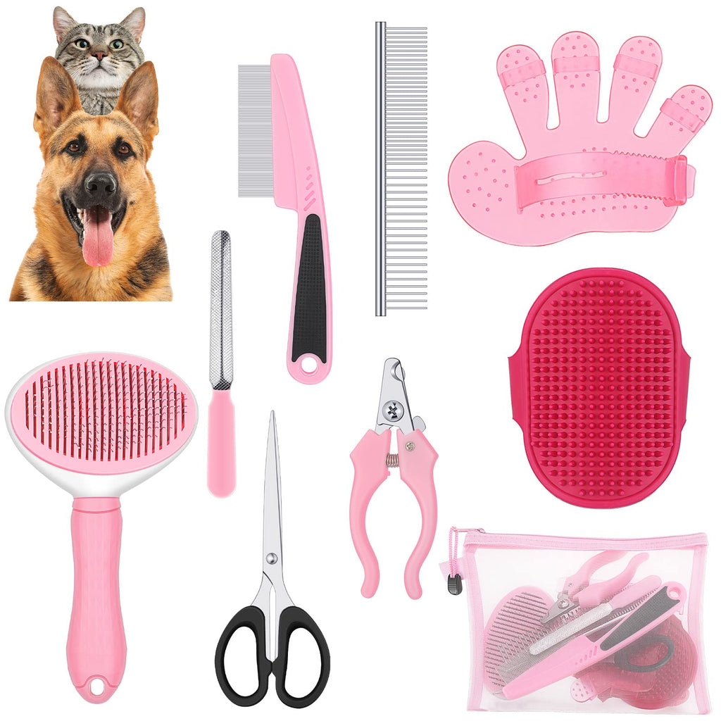 Yaomiao 9 Pcs Dog Grooming Brush Shedding Kit Self Cleaning Slicker Dog Brush Shedding and Flea Comb Nail Clippers and File Pet Grooming Brush with Adjustable Strap Scissors for Cat Pet (Fresh Color) Fresh Color - PawsPlanet Australia