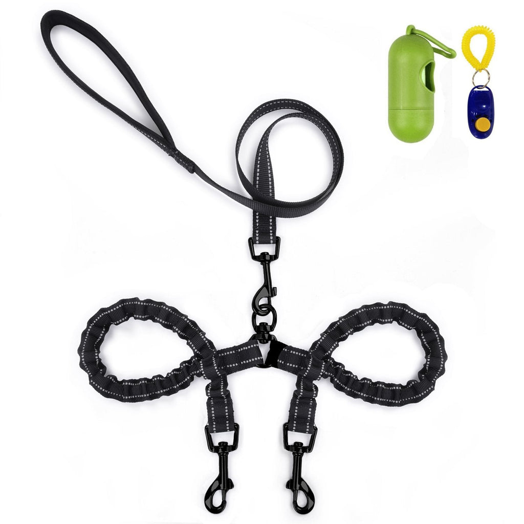 Double Dog Leash, Reflective, Shock Absorbing Effect, 360° Rotation, Bungee Design, Tangle Free, for Two Dogs Walking/Exercising (Black-Small Dog) For Small Dogs, Black - PawsPlanet Australia