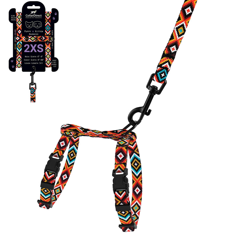 CollarDirect Adjustable Cat Harness and Leash Set for Outdoor Walking Pattern Harnesses for Small Dogs Puppy Aztec Sunset 2XS - PawsPlanet Australia