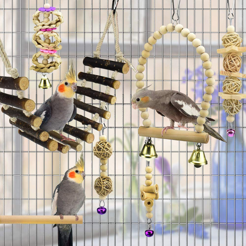 [Australia] - KATUMO 7 Pcs Bird Parrot Toys, Natural Wood Bird Swing Climbing Chewing Standing Hanging Perch Hammock Rope Ladder Bell Bird Cage Toys for Budgerigar, Parakeet, Conure, Cockatiel, Mynah, Love Birds 
