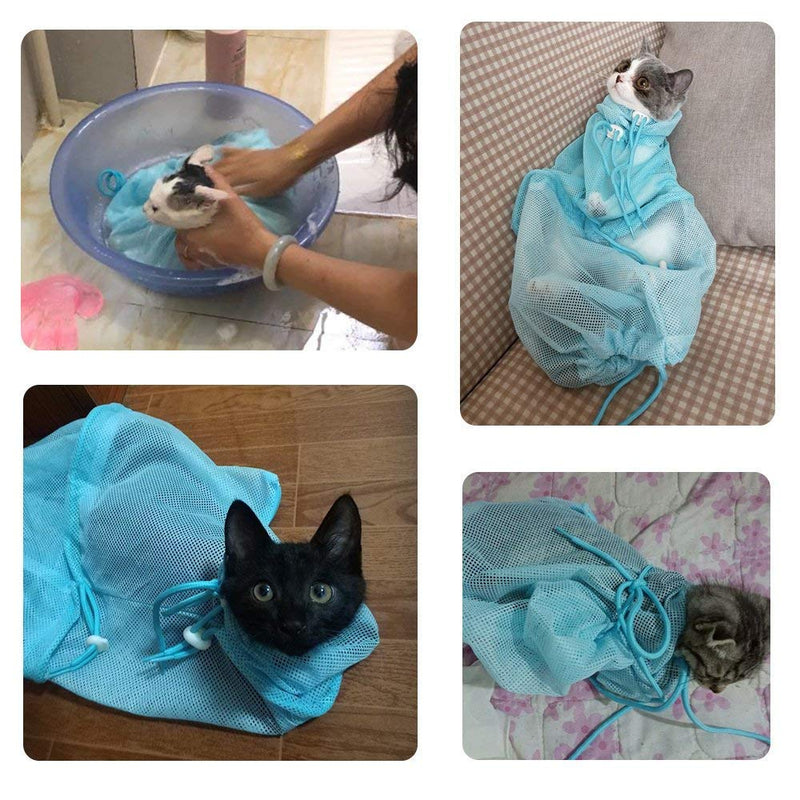 LHKJ Pet Cat Mesh Bag, Grooming Washing Bath Bag, Mesh Bag For Shower, Cleaning Ear, Medicine Feeding,Scratch-Resistant Bag, Fixed Bag Cat Bath Bag (Blue Bag) - PawsPlanet Australia