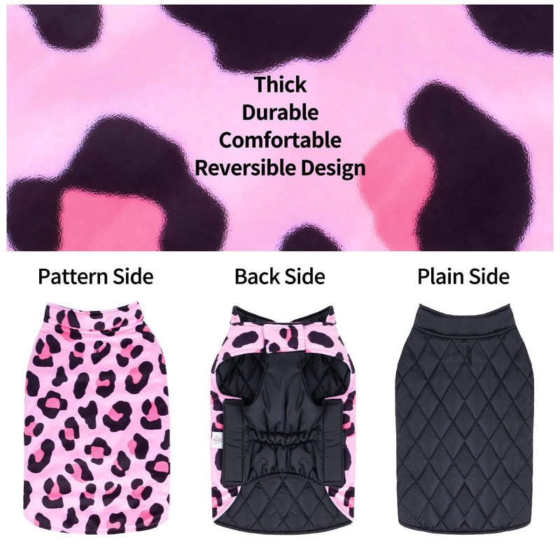 CuteBone Dog Winter Coat Puffer Jacket Windproof Dog Jacket Reversible Dog Vest Thick Padded Lining Pet Apparel for Small Medium Large Dogs with Leash Hole 2-Pink Leopard - PawsPlanet Australia