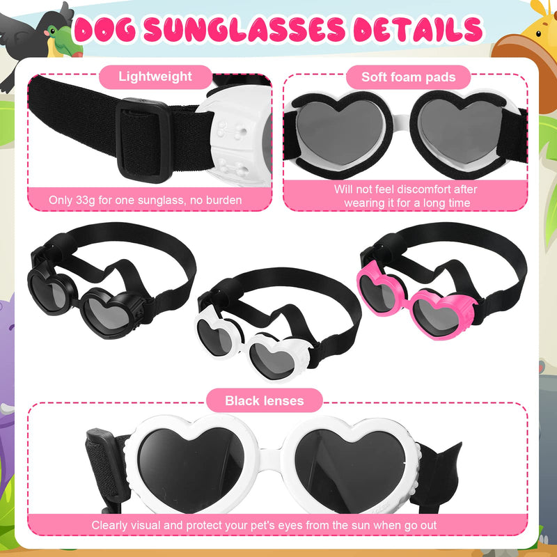 Heart Shape Dog Sunglasses 3 Pairs Doggy UV Protection Goggles Puppy Sunglasses Dog Goggles Small Breed Doggie Windproof Glasses with Adjustable Strap for Sun Medium Breed Pets (White, Pink, Black) - PawsPlanet Australia